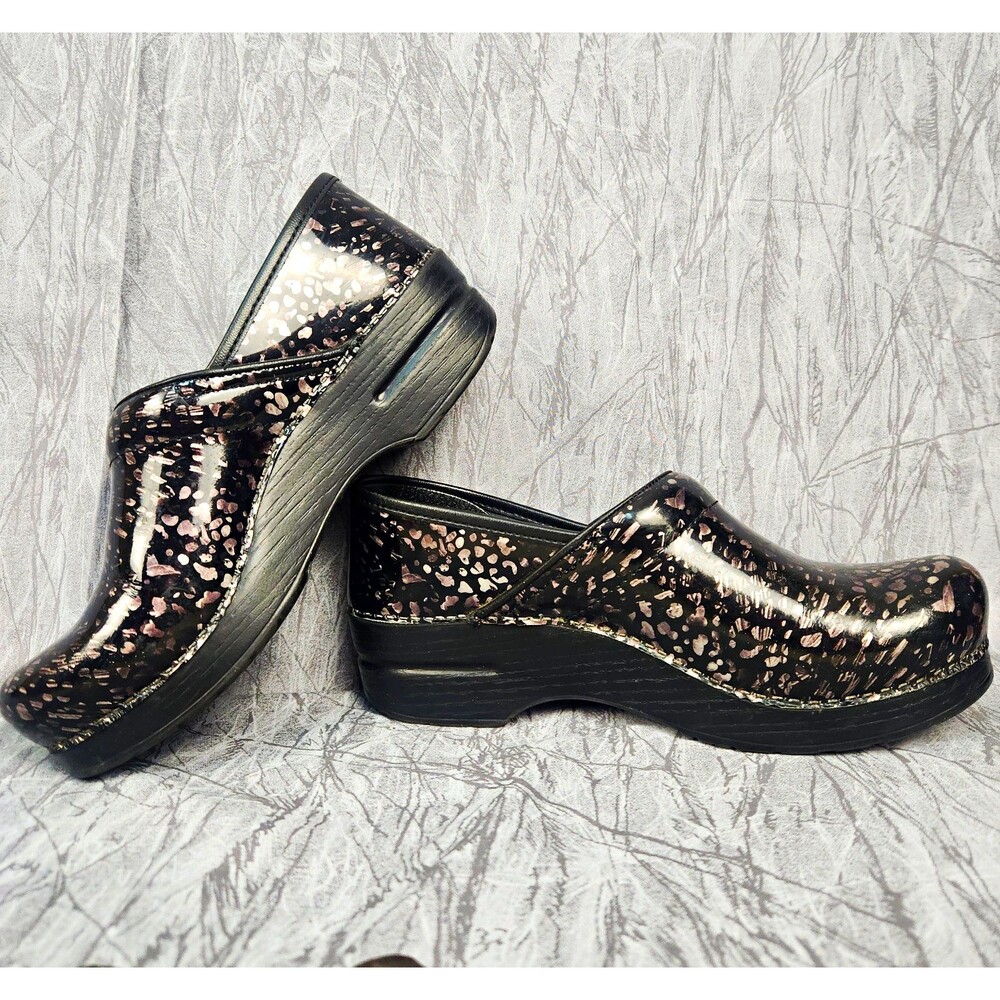 Dansko Professional Women's Black & Silver Print Leather Clogs US 8.5 EU 39